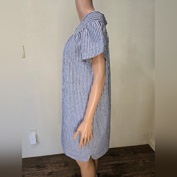 J Crew Size 10 Chambray Blue/White Stripe Dress w/Elastic Neckline Off Shoulder - Picture 11 of 12